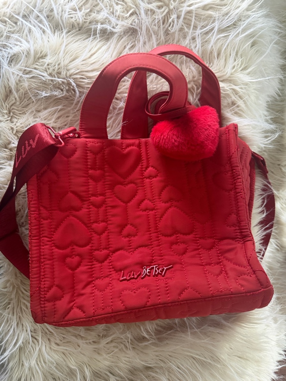 Betsey Johnson Red Quilted Heart Tote with Pom-Pom Charm